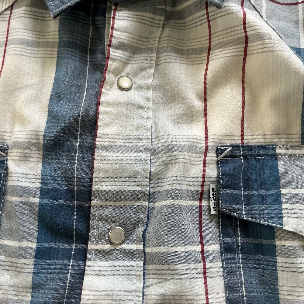 Levi's White Blue Plaid Western Pearl Snap Long Sleeve Button Down Shirt Men's L - Picture 8 of 8